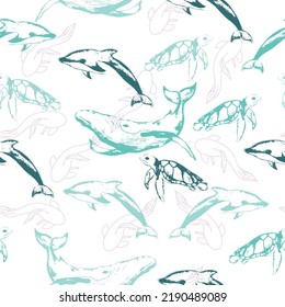 Cute kids seamless pattern with whales, dolphins and turtles, made in vector.  Jellyfish, Crab, Turtle, octopus, Fish, stingray, Dolphin, seal