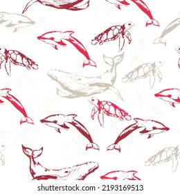 Cute kids seamless pattern with whales, dolphins and turtles, made in vector.  Sea life pattern for fabric, textile.
