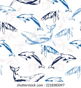 Cute kids seamless pattern with whales, dolphins and turtles, made in vector.   Flat cartoon illustration
