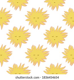 Cute kids seamless pattern with white sun faces ornament. White background. Minimalistic cartoon backdrop. Perfect for fabric design, textile print, wrapping paper, cover. Vector illustration