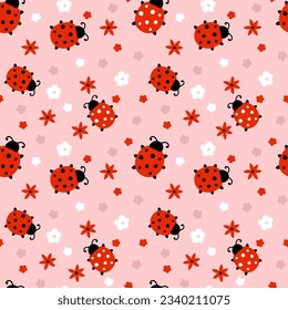 Cute kids seamless patterns with flowers and ladybugs