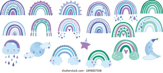 Cute kids set: clouds, rainbow, stars, sun and moon in pastel color. Illustration for children design, Wallpaper, textiles, fabric, packaging paper. Rainbow in ,lue color