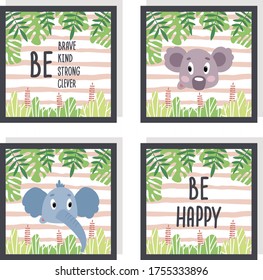 Cute kids set of greeting cards with cartoon animals and lettering