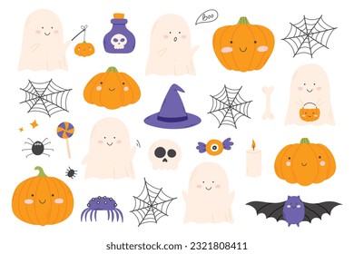 Cute kids set for Halloween. Collection of kids ghosts and pumpkins. Vector illustration in a flat style. Halloween cute characters.