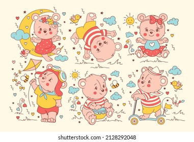 Cute kids set of little bears. Teddy pink animal cubes. Set of stickers, t shirt, tee,pyjama, prints. Isolated characters for baby shower templates