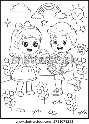 Cute Kids Sharing Easter Eggs Coloring Page for Kids.| Boy and Girl with Basket Printable with Spring Flowers, Rainbow and Butterfly. Fun Easter Activity Sheet for Children