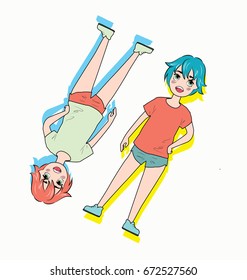 Cute kids in shorts vector flat illustration
cartoon style, summer clothings