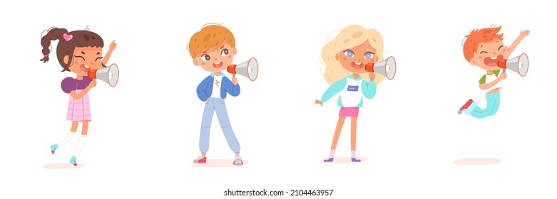 Cute kids shout into megaphone set vector illustration. Cartoon little boy and girl shouting, children holding loudspeaker in hands to announce loud news. Announcement concept