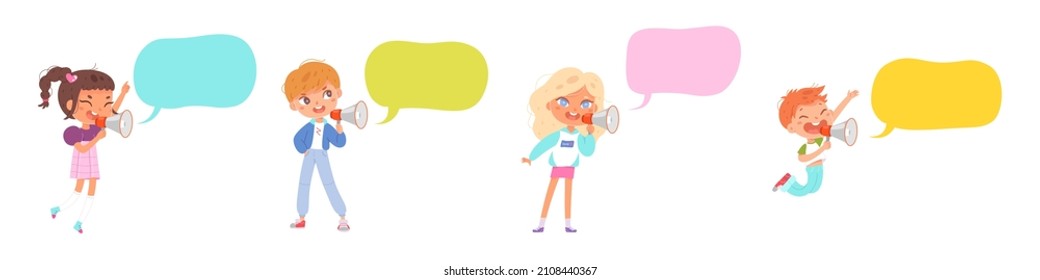 Cute Kids Shout Into Megaphone Set Vector Illustration. Cartoon Little Boy And Girl Shouting, Children Holding Loudspeaker In Hands To Announce Loud News With Speech Bubbles. Announcement Concept