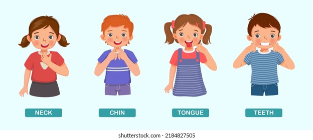 cute kids showing by pointing different body parts of human anatomy such as neck, chin, tongue, teeth