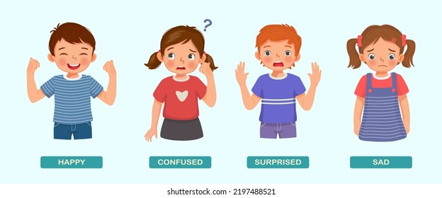 cute kids showing different feeling emotions such as happy, confused, surprised, and sad with hand gestures and facial expressions