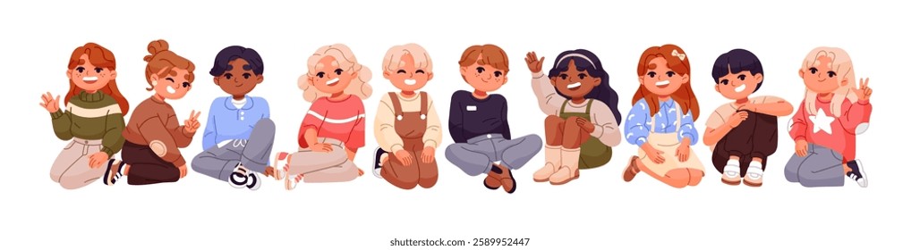 Cute kids sit together and greeting. Row of happy children waving hands, gesturing. International group of little boys and girls, friends smile. Flat isolated vector illustration on white background