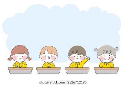 Cute Kids Sitting at Desks - Cartoon Style