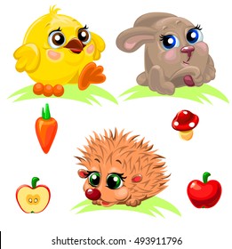 Cute kids sitting on the grass chicken, hare and hedgehog will decorate children's items, greeting cards, stationery products, interior decoration for the holiday