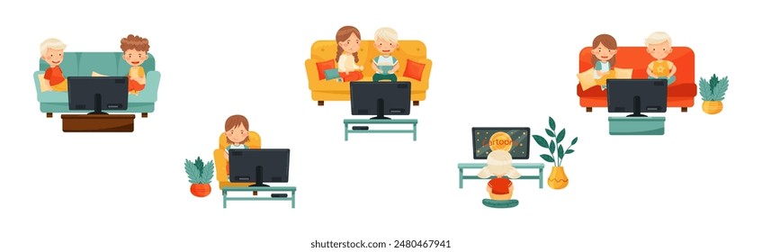 Cute Kids Sitting and Watching TV Vector Set