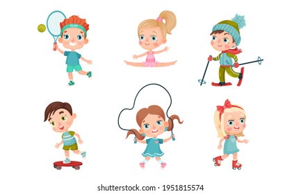 Cute Kids Skateboarding, Jumping Rope, Skiing and Roller Skating Vector Set