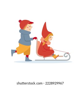 Cute kids sledding in winter. Little boy carries girl on sled.  Children's game in cold time outdoor. Cartoon Christmas characters, hand drawn vector illustration isolated on white. Flat design. 