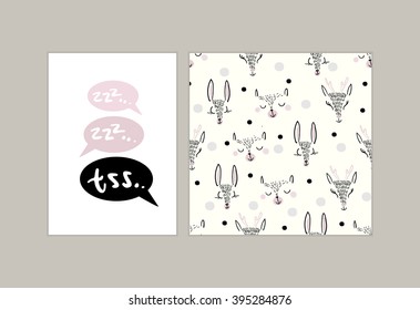 Cute kids sleeping and smiling animals vector pattern tile. Hand drawn deer's, bear's and rabbit's heads with black and white dots on solid pink background. Trendy graphic pajama textures set.