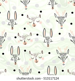 Cute kids sleeping and smiling animals vector seamless pattern. Hand drawn deer's, bear', rabbit' heads with black dots on solid pink background. Trendy graphic pajama texture. Marble effect.