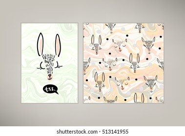 Cute kids sleeping and smiling animals vector pattern tile. Hand drawn deer's, bear, rabbit heads with black white dots on solid pink background. Trendy graphic pajama textures set. Marble effect.