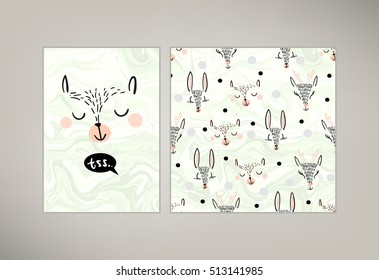 Cute kids sleeping and smiling animals vector pattern tile. Hand drawn deer's, bear, rabbit heads with black white dots on solid pink background. Trendy graphic pajama textures set. Marble effect.