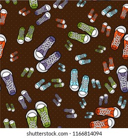 Cute kids sneakers pattern for girls and boys. Colorful sneakers on the abstract grunge background create a fun cartoon drawing. The pattern is made in neon colors. Urban sneakers backdrop for textile