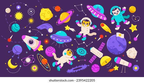 Cute kids space with cats astronauts. Cheerful cat in fantastic galaxy. Flat vector set with planets, spaceships and flying saucers.