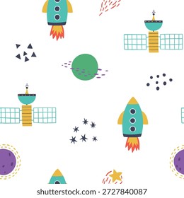 Lindo espacio de los niños sin patrón con cohetes, satélites, planetas, estrellas y Elementos geométricos simples sobre fondo blanco. Perfecto para diseños de niños, textiles, Fondos de pantalla, ropa, ropa de cama.