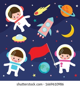 Conjunto de diseño de ilustración de vectores espaciales para niños pequeños