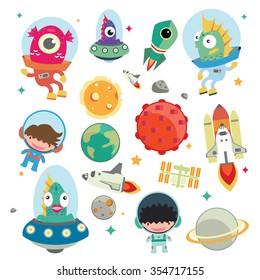 Cute Kids Space Vector Illustration Design Set