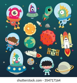 Cute Kids Space Vector Illustration Design Set