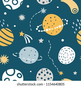 Cute Kids Space Vector Seamless Pattern on dark background. Doodle Cartoon planets, comet, satellite and stars. Hand drawn vector illustration. Children texture for textile, fabric, paper