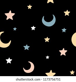 Cute Kids Space Vector Seamless Pattern with stars and moon. Cute funny background for Children textile, fabric, paper. Hand drawn vector illustration