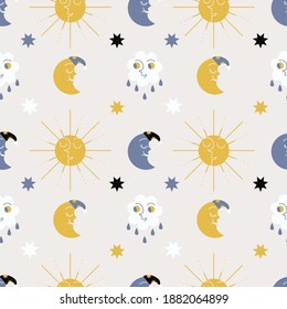 Patrón sin problemas del vector espacial infantil. Doodle Cartoon sun, moon, nube con lluvia y estrellas. Ilustración vectorial dibujada a mano. Textura para niños para textil, tela, papel de envoltura.