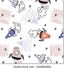 Cute Kids Space Vektor Nahtlose Muster. Doodle Cartoon Rakete und Sterne. Handgezeichnete Vektorgrafik. Kindertextilien, Gewebe, Papier