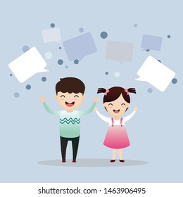 Cute kids with speech bubbles. Group of happy kids holding hands. Friendship concept.Vector Illustration