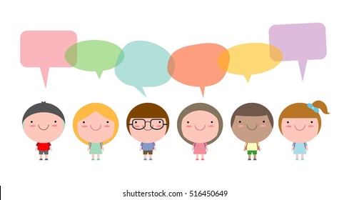 Cute kids with speech bubbles isolated on white background, children go to school with speech balloon, Vector Illustration