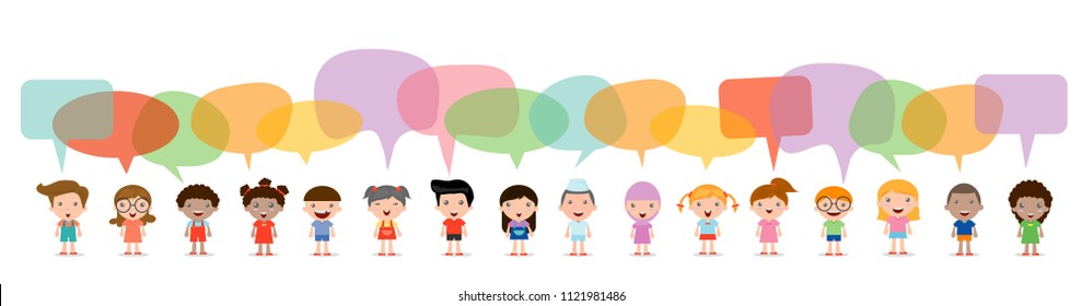 Cute kids with speech bubbles, Set of diverse Kids and Different nationalities with speech bubbles isolated on white background