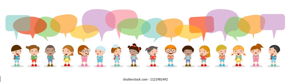 Cute kids with speech bubbles, Set of diverse Kids and Different nationalities with speech bubbles isolated on white background