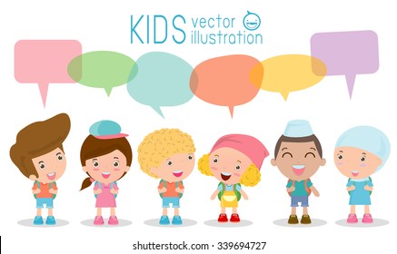 Cute kids with speech bubbles, Set of diverse Kids and Different nationalities with speech bubbles isolated on white background, Kids go to school with speech balloon, back to school, Vector