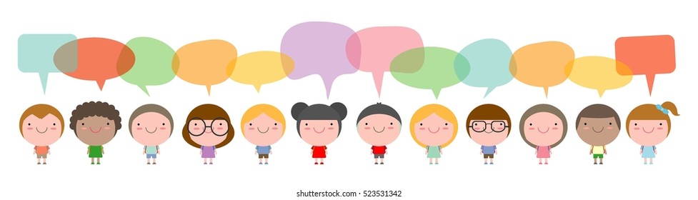 Cute kids with speech bubbles, Set of diverse Kids and Different nationalities with speech bubbles isolated on white background.