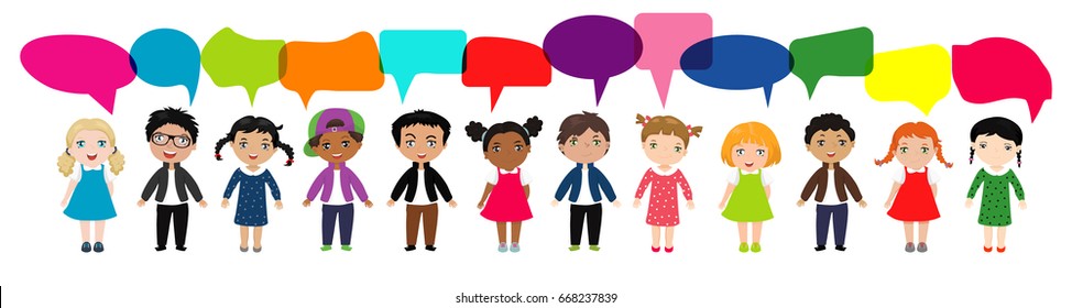 Cute kids with speech bubbles, Set of diverse Kids and Different nationalities with speech bubbles isolated on white background