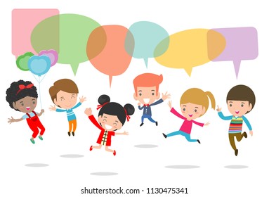 Cute kids with speech bubbles, stylish children jumping with speech bubble, children talking with speech balloon. jumping kids, Multi-ethnic children jumping, Kids jumping with joy,Vector Illustration