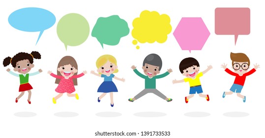 Cute kids with speech bubbles, stylish children jumping with speech bubble, children talking with speech balloon. jumping kids Vector Illustration