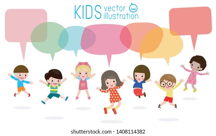 Cute kids with speech bubbles, stylish children jumping with speech bubble, child talking with speech balloon. 