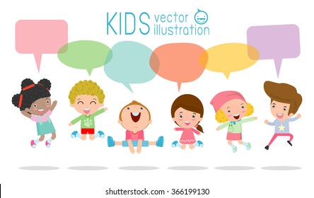 Cute kids with speech bubbles, stylish children jumping with speech bubble, children talking with speech balloon. jumping kids, Multi-ethnic children jumping, Kids jumping with joy,Vector Illustration