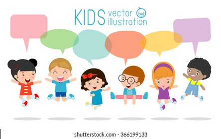 Cute kids with speech bubbles, stylish children jumping with speech bubble, children talking with speech balloon. jumping kids, Multi-ethnic children jumping, Kids jumping with joy,Vector Illustration