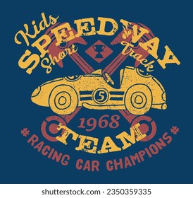 Cute kids speedway racing team grunge vector print for children t shirt