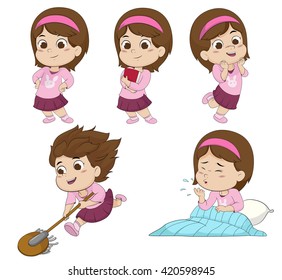 cute kids stand, hold a book, happy, maid mops the floor, coughs.Vector and illustrator