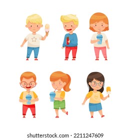 Cute Kids Standing And Holding Sweets And Sugary Treats Vector Set